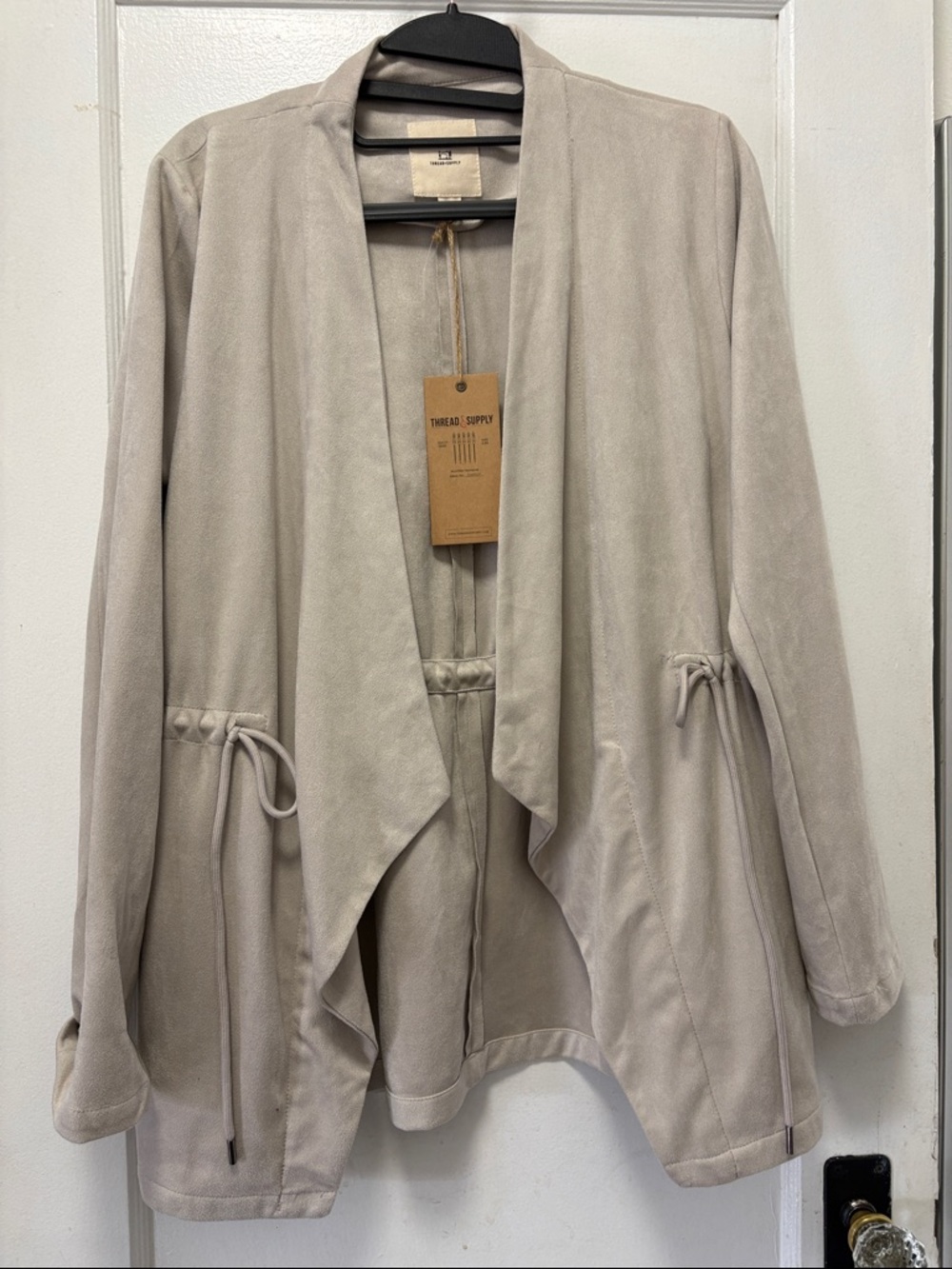 Thread & Supply Neutral Beige Draped Open Front Jacket